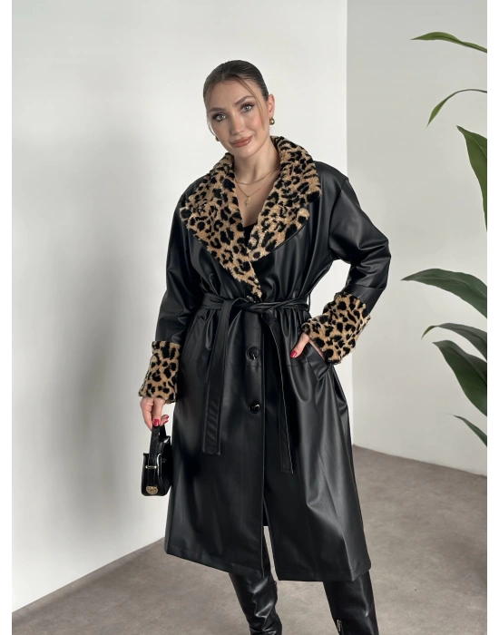 Leopar desenli kürklü deri trenç uzun