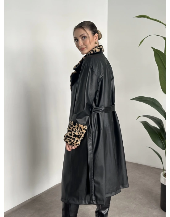 Leopar desenli kürklü deri trenç uzun