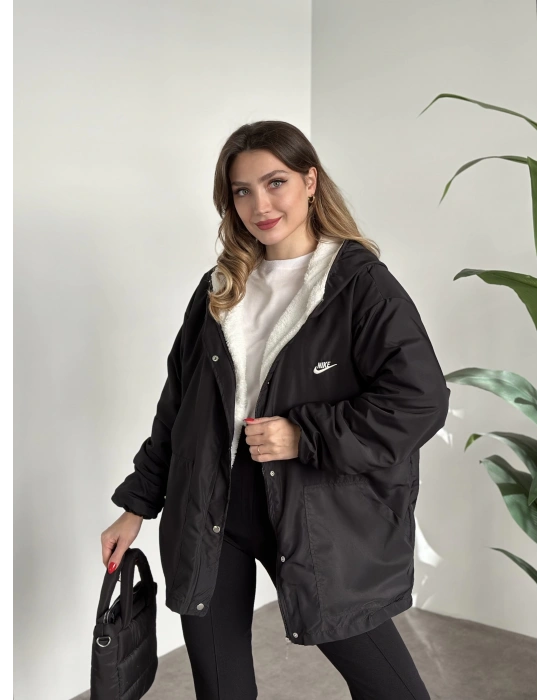 Logo detay içi tamamen peluş oversize yağmurluk mont siyah