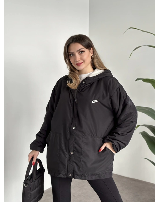 Logo detay içi tamamen peluş oversize yağmurluk mont siyah