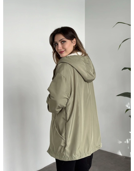 Logo detay içi tamamen peluş oversize yağmurluk mont yeşil