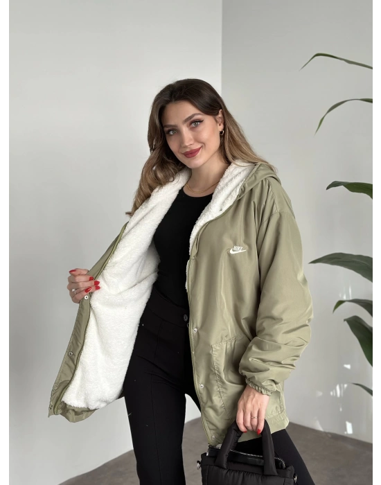 Logo detay içi tamamen peluş oversize yağmurluk mont yeşil