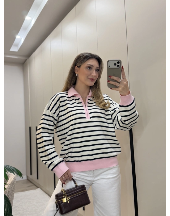 Lola pola Yaka Lacivert Çizgili Triko pembe