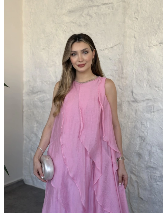 Luna katlı elbise pembe