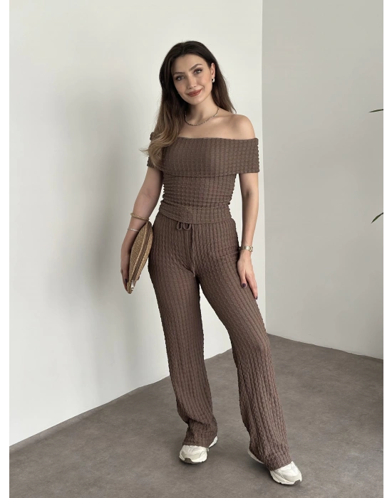 Madonna yaka gofre kumaş takım Vizon