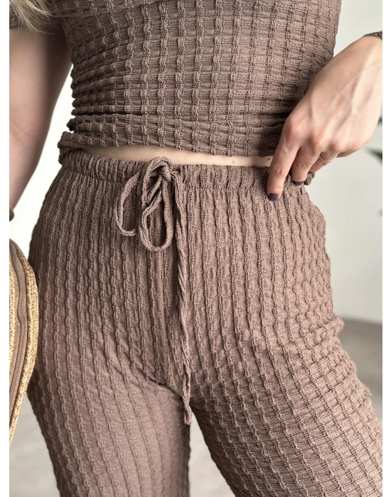 Madonna yaka gofre kumaş takım Vizon