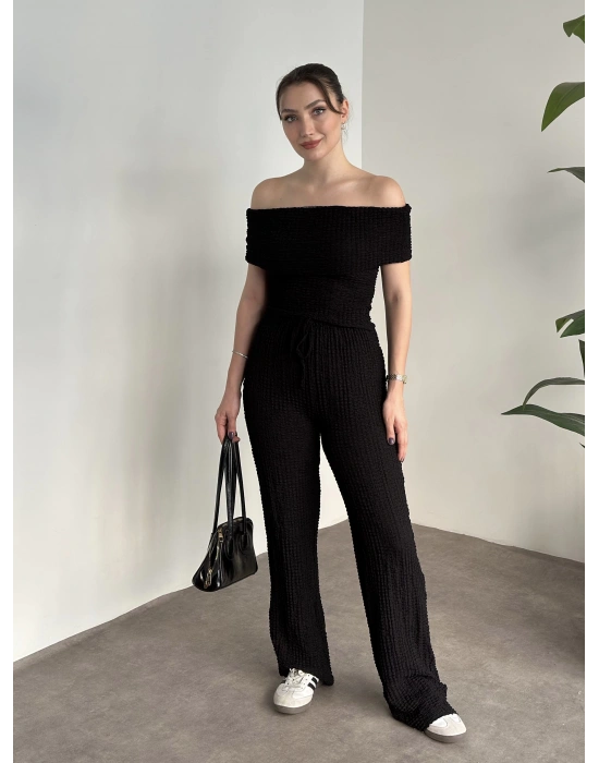 Madonna yaka gofre kumaş takım siyah