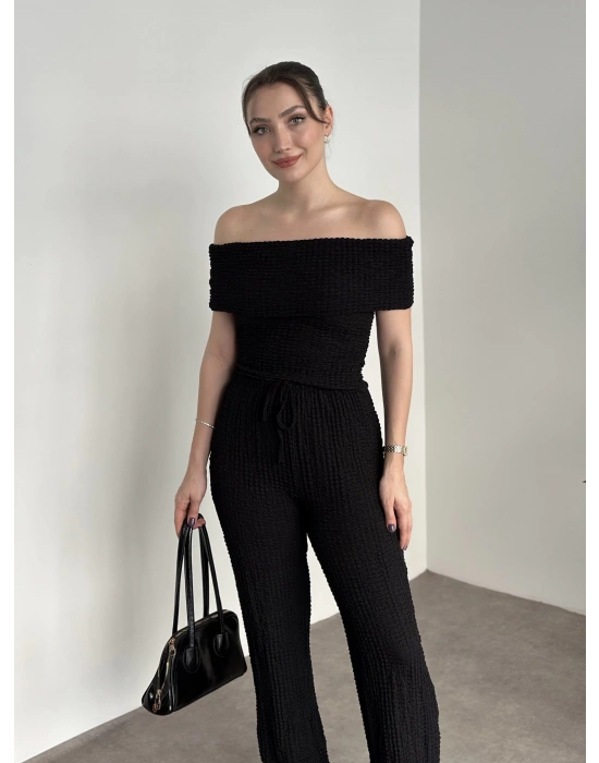 Madonna yaka gofre kumaş takım siyah