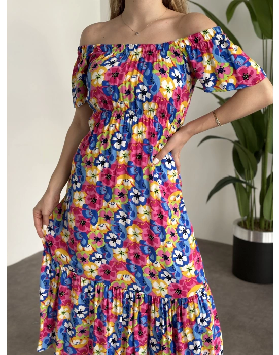 Madonna Yaka Viskon Elbise Mavi Pembe Çiçekli