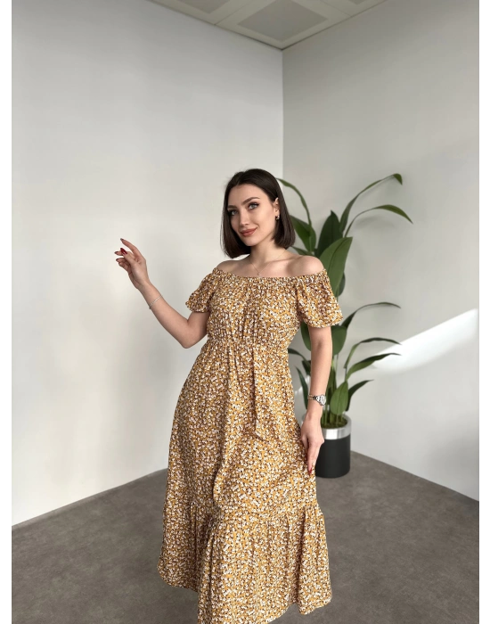 Madonna yaka viskon elbise sarı küçük çiçekli