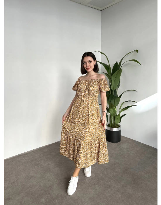 Madonna yaka viskon elbise sarı küçük çiçekli