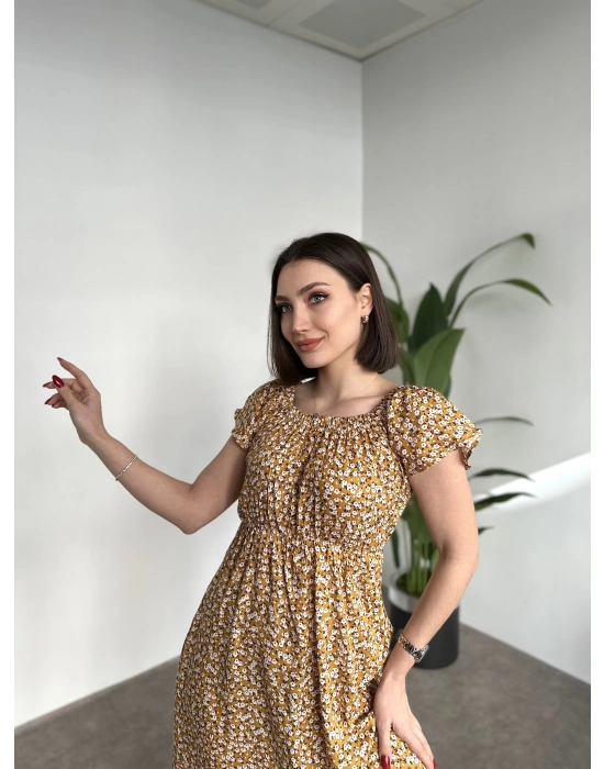 Madonna yaka viskon elbise sarı küçük çiçekli