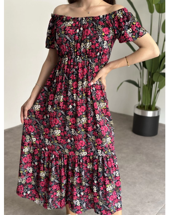 Madonna yaka viskon elbise Siyah Pembe Çiçekli