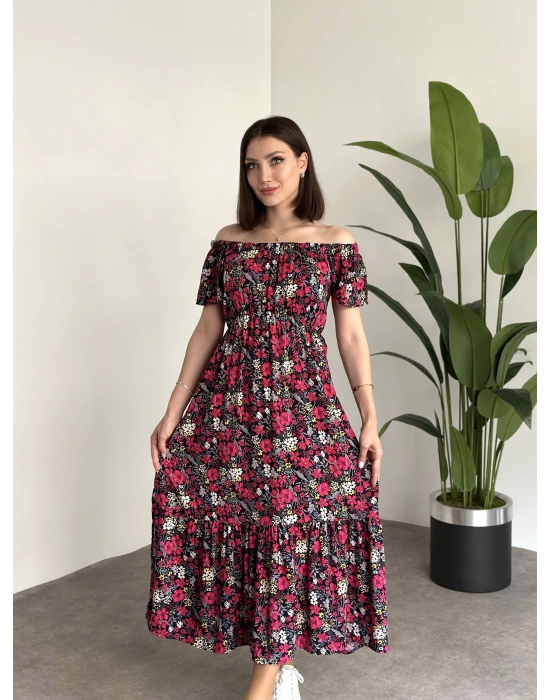 Madonna yaka viskon elbise Siyah Pembe Çiçekli