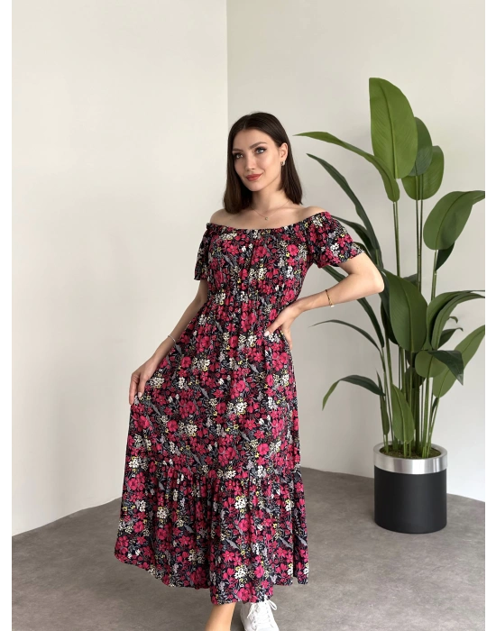 Madonna yaka viskon elbise Siyah Pembe Çiçekli