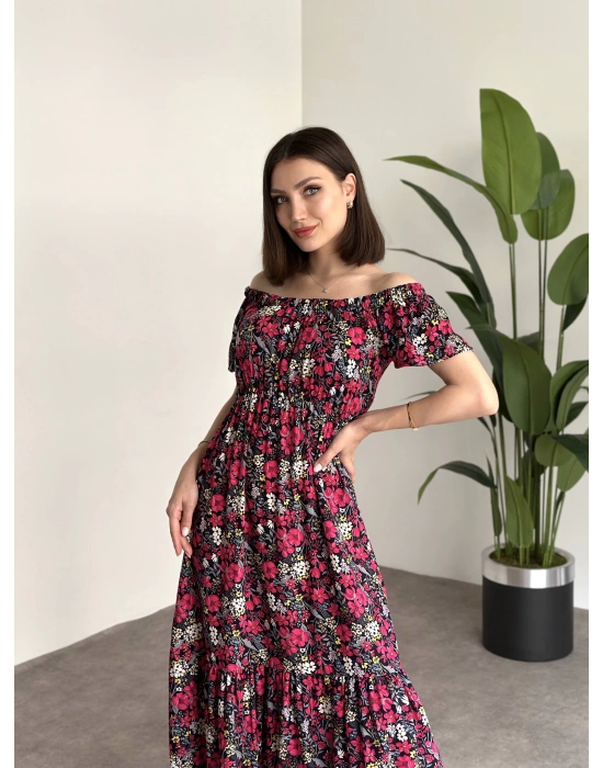 Madonna yaka viskon elbise Siyah Pembe Çiçekli