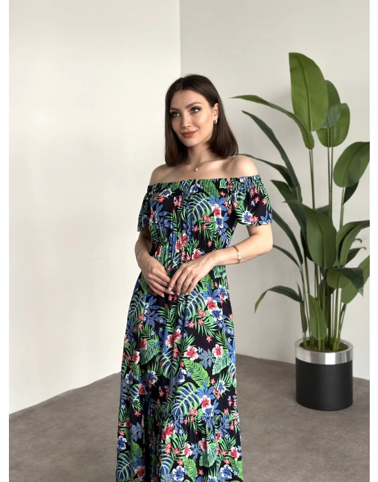 Madonna yaka viskon elbise Siyah Yeşil Büyük Yapraklı