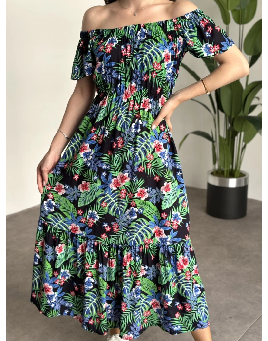 Madonna yaka viskon elbise Siyah Yeşil Büyük Yapraklı