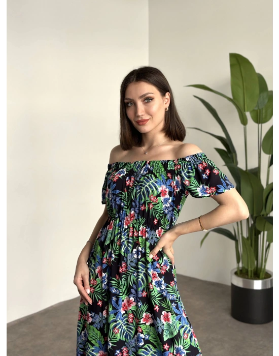 Madonna yaka viskon elbise Siyah Yeşil Büyük Yapraklı