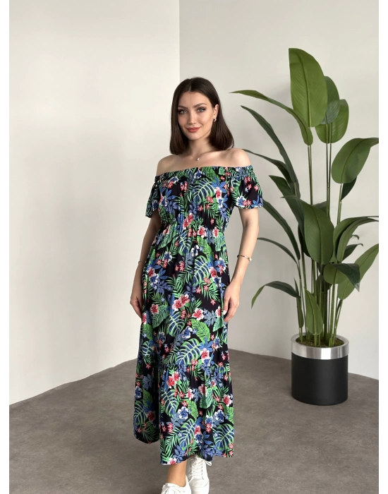 Madonna yaka viskon elbise Siyah Yeşil Büyük Yapraklı