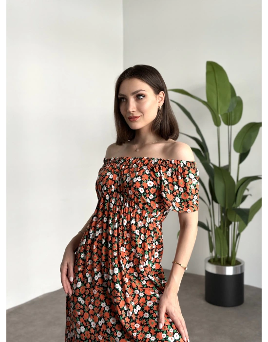 Madonna yaka viskon elbise Turuncu Beyaz Çiçekli