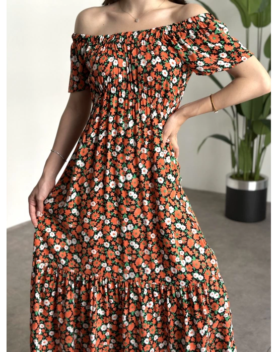 Madonna yaka viskon elbise Turuncu Beyaz Çiçekli