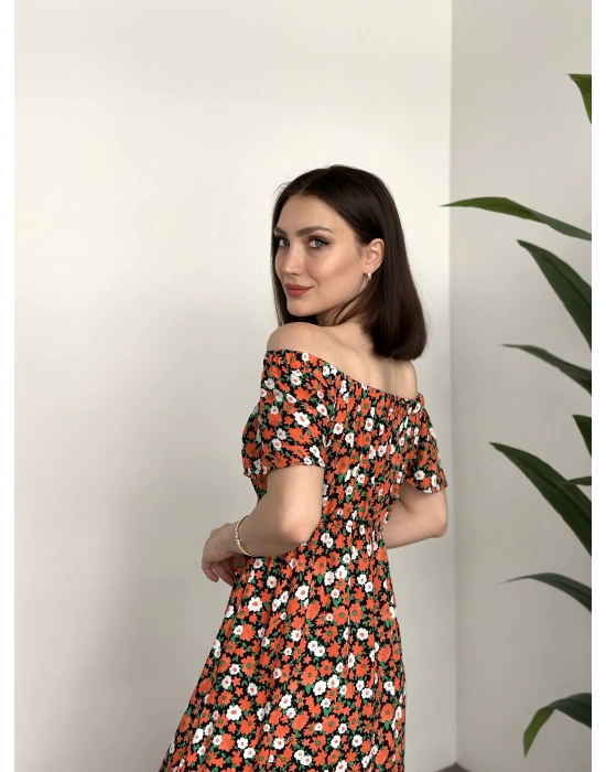 Madonna yaka viskon elbise Turuncu Beyaz Çiçekli