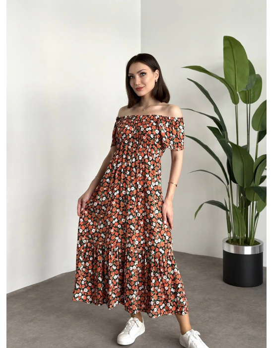 Madonna yaka viskon elbise Turuncu Beyaz Çiçekli