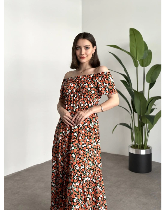 Madonna yaka viskon elbise Turuncu Beyaz Çiçekli