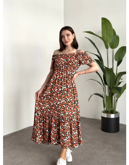 Madonna yaka viskon elbise Turuncu Beyaz Çiçekli