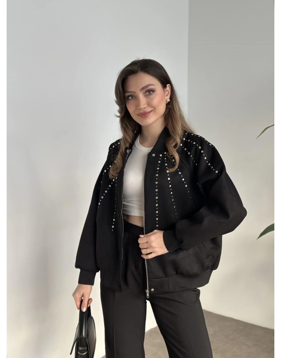 Marka etiketli astarlı zımbalı süet ceket siyah