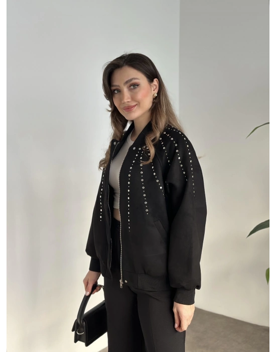 Marka etiketli astarlı zımbalı süet ceket siyah