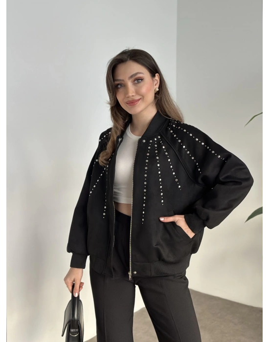 Marka etiketli astarlı zımbalı süet ceket siyah