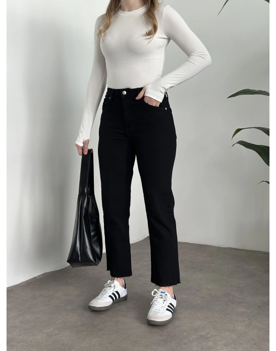 Marka etiketli boyfit jean siyah