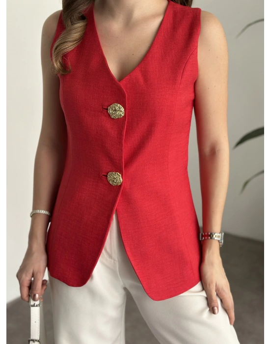 Marka etiketli gold düğmeli keten yelek nar çiçeği