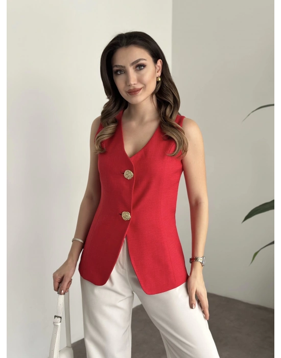 Marka etiketli gold düğmeli keten yelek nar çiçeği