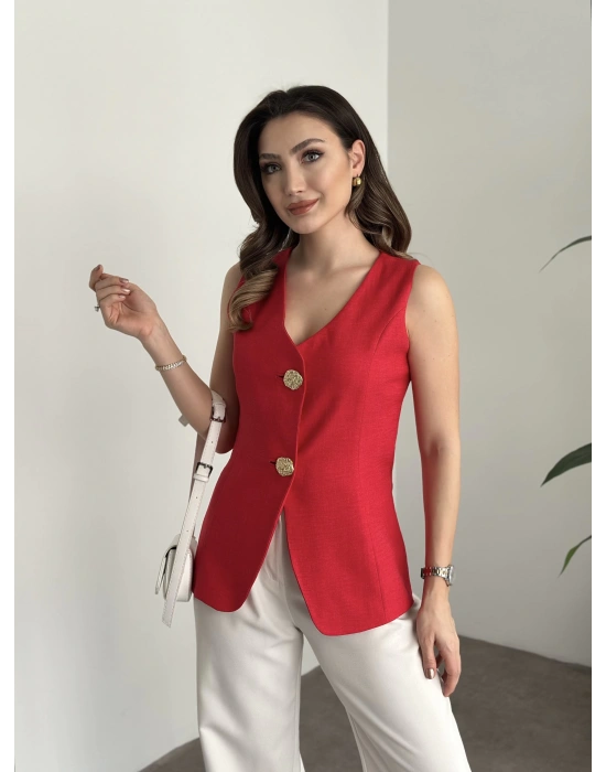 Marka etiketli gold düğmeli keten yelek nar çiçeği