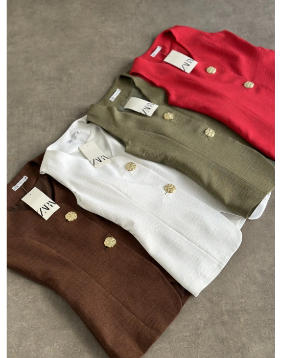 Marka etiketli gold düğmeli keten yelek nar çiçeği