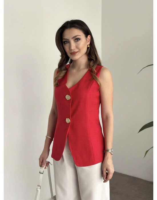 Marka etiketli gold düğmeli keten yelek nar çiçeği