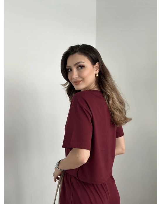 Marka etiketli modal iki iplik eşofman takımı bordo