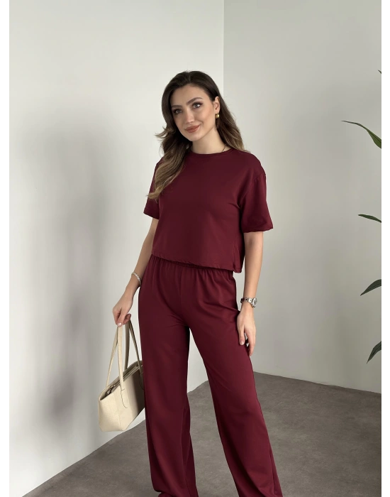 Marka etiketli modal iki iplik eşofman takımı bordo