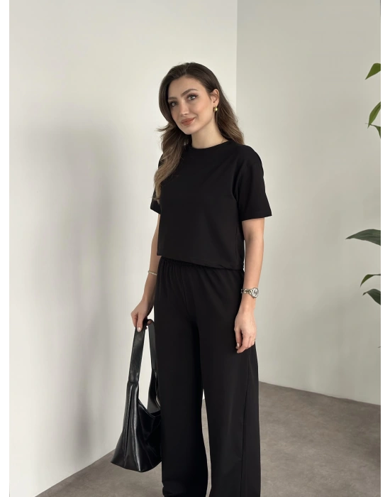 Marka etiketli modal iki iplik eşofman takımı siyah