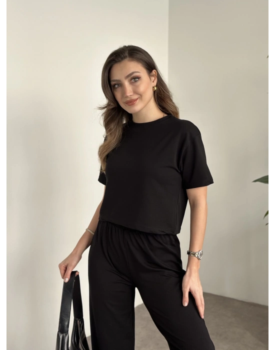 Marka etiketli modal iki iplik eşofman takımı siyah