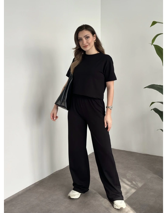 Marka etiketli modal iki iplik eşofman takımı siyah