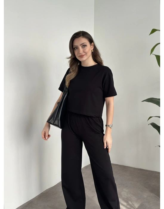 Marka etiketli modal iki iplik eşofman takımı siyah