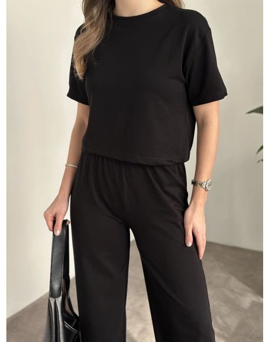 Marka etiketli modal iki iplik eşofman takımı siyah