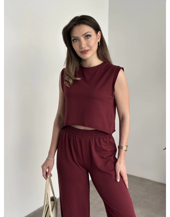 Marka etiketli sıfır kol eşofman takımı bordo