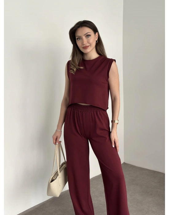 Marka etiketli sıfır kol eşofman takımı bordo