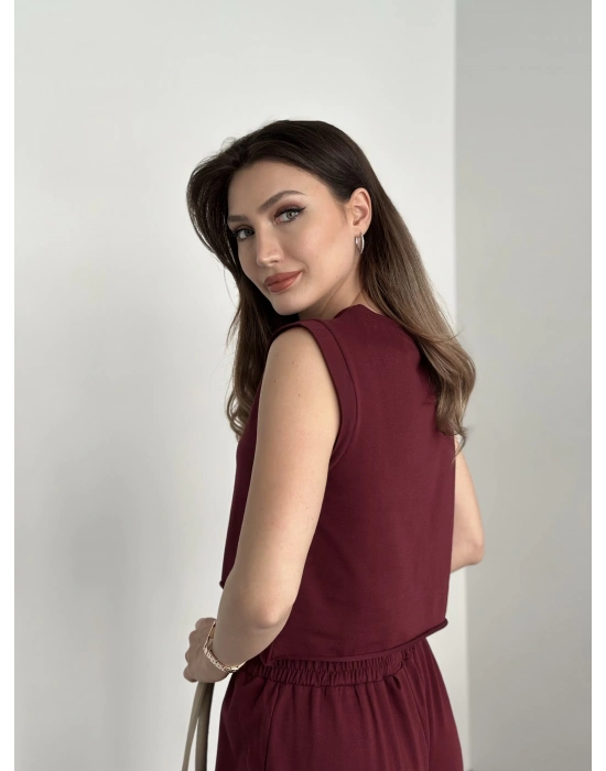 Marka etiketli sıfır kol eşofman takımı bordo