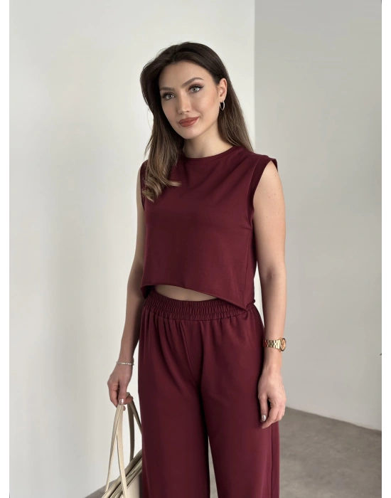 Marka etiketli sıfır kol eşofman takımı bordo